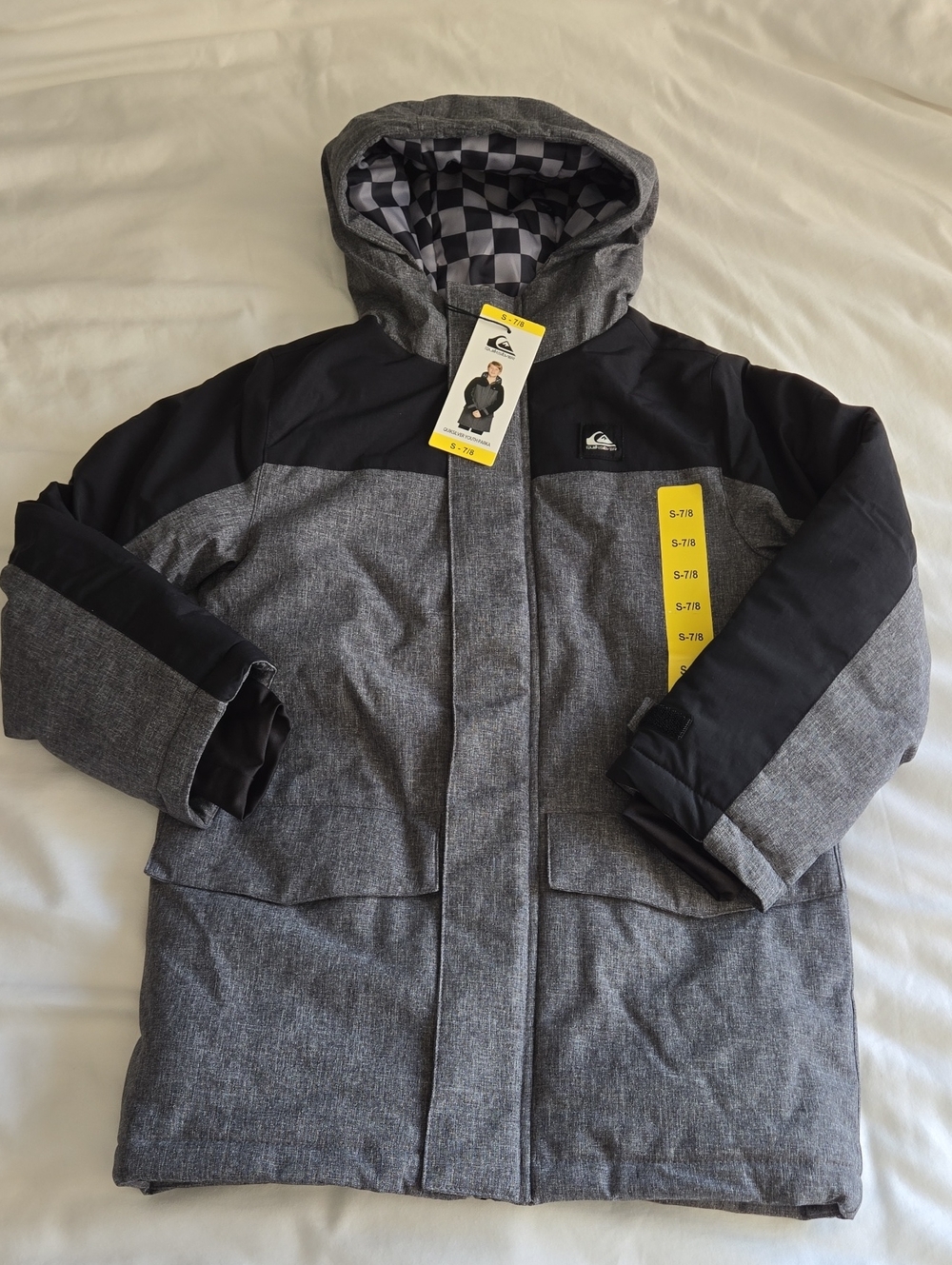 Quiksilver Youth Kids Gray & Black Checkerboard-Lined Hooded Parka Puffer Jacket